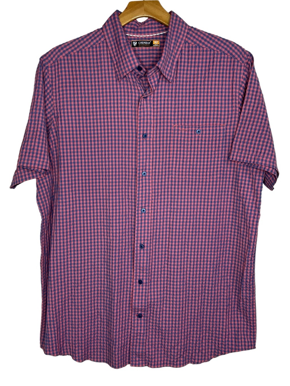 Cremieux Performance Blue Pink Plaid Seersucker Short Sleeve Button Down XLT